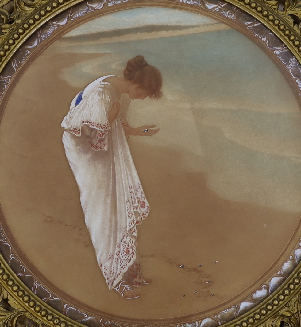 After William Henry Margetson, colour print, Woman on the seashore, tondo, 49cm